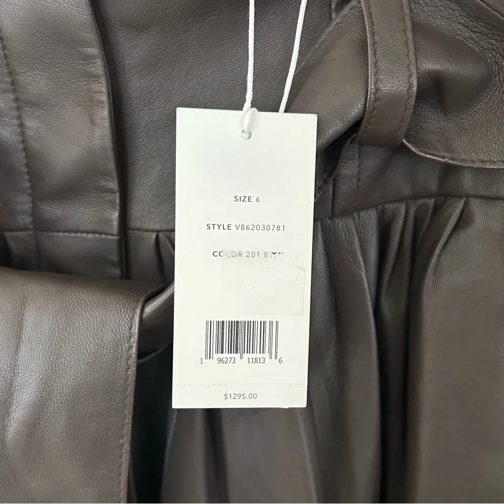 Vince BNWT gorgeous lamb skin brown leather pleated midi skirt w attached  belt. - Picture 3 of 9